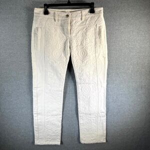 Balmain Straight Pants Women 38 White Jacquard Texture Button Fly Zipper Pockets